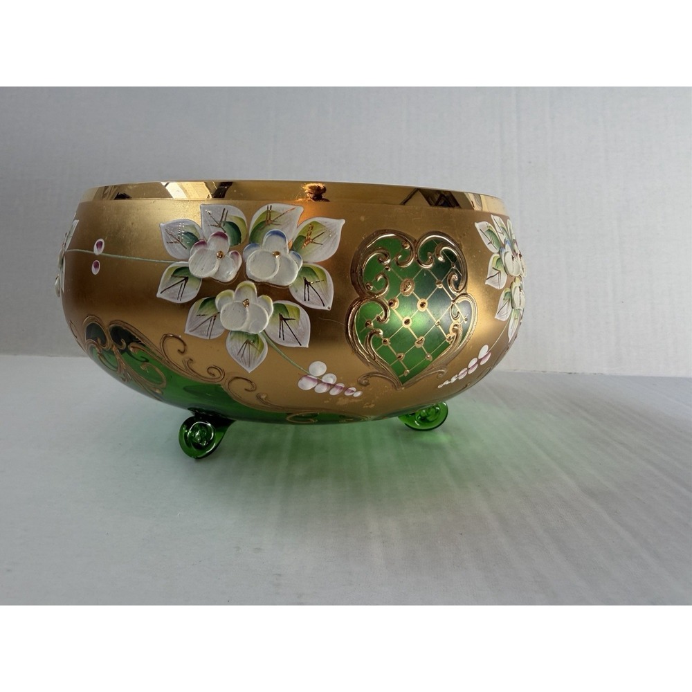 Czech Bohemian Gilded Gold Green Glass Bowl - Picture 3 of 12